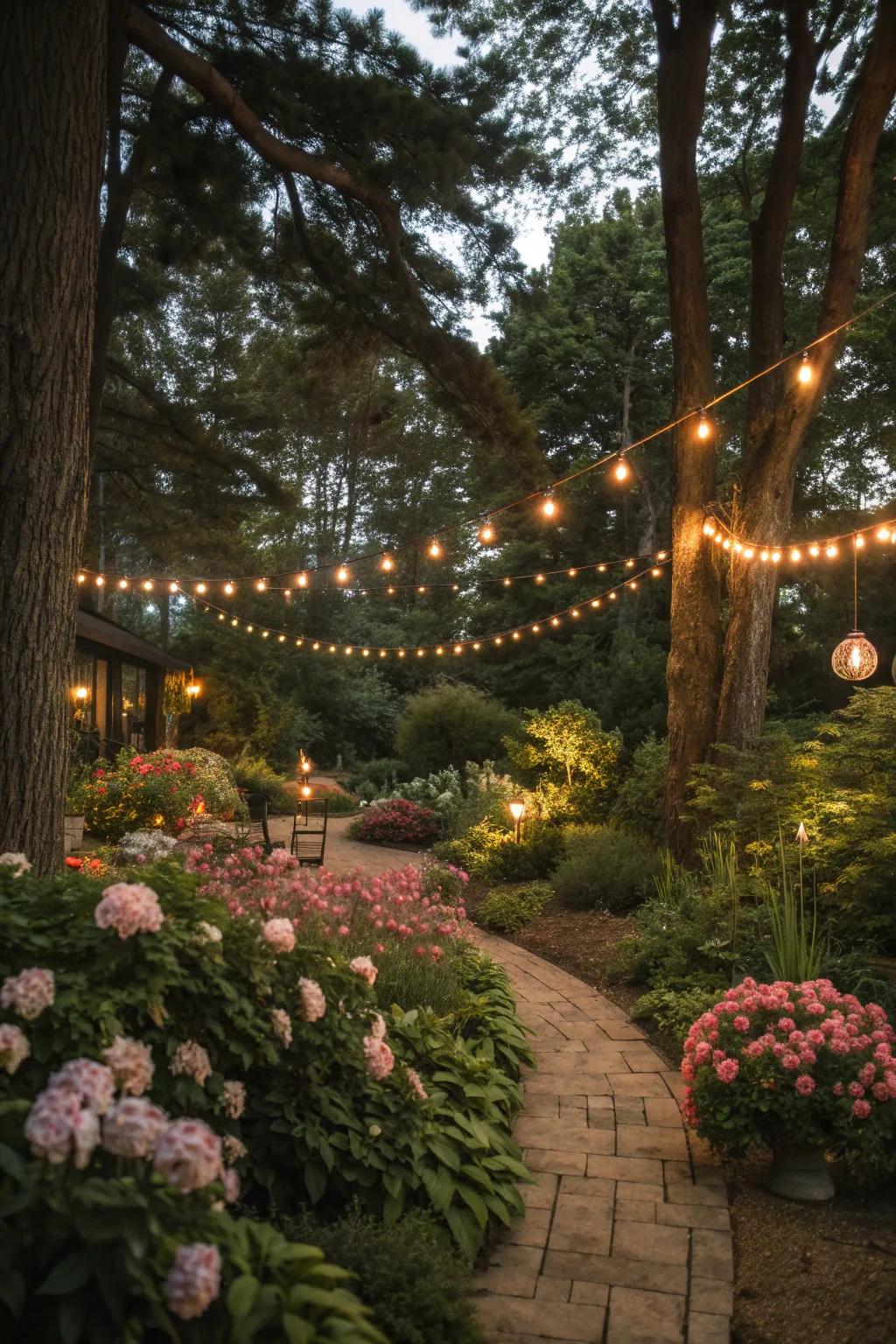 String lights add a warm, cozy glow to the garden.