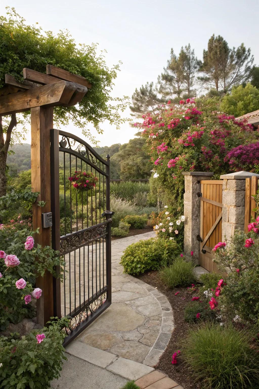 A gate integrated with landscaping for a seamless look.