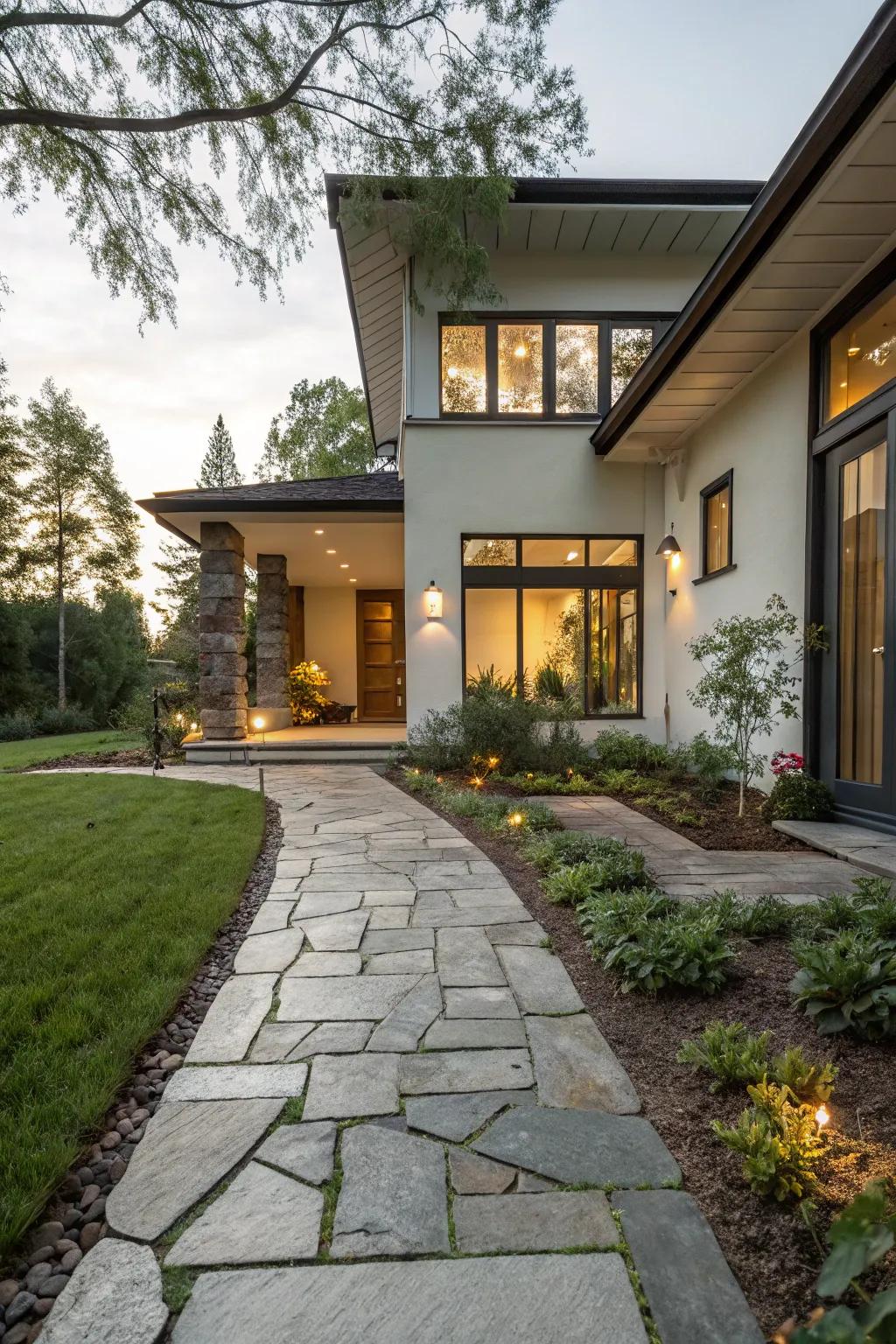 Inviting stone pathway leading to a modern entrance.