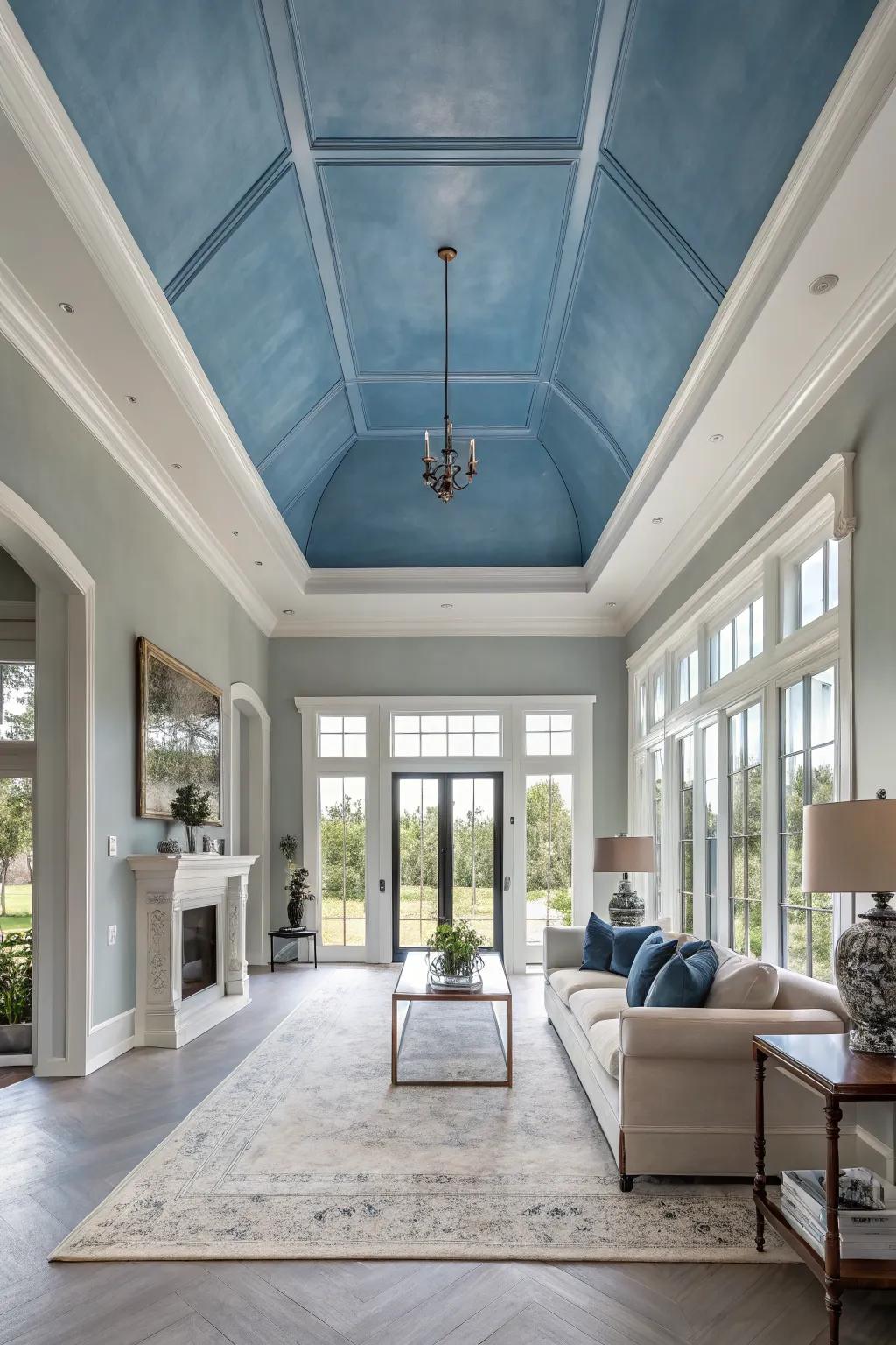 A modern interior featuring a statement ceiling in dusty blue.