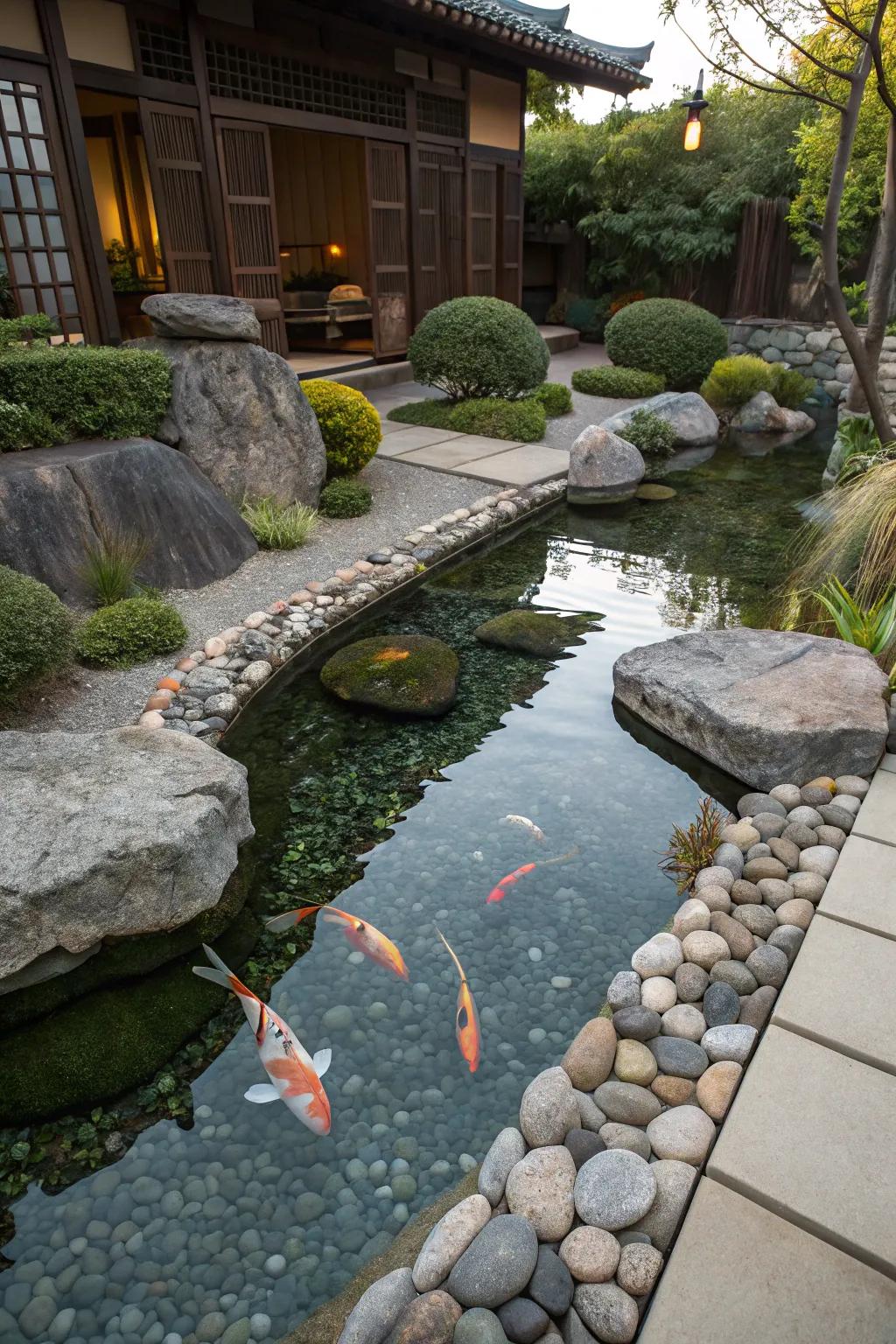 Create a peaceful oasis with Zen-inspired elements in your koi pond.