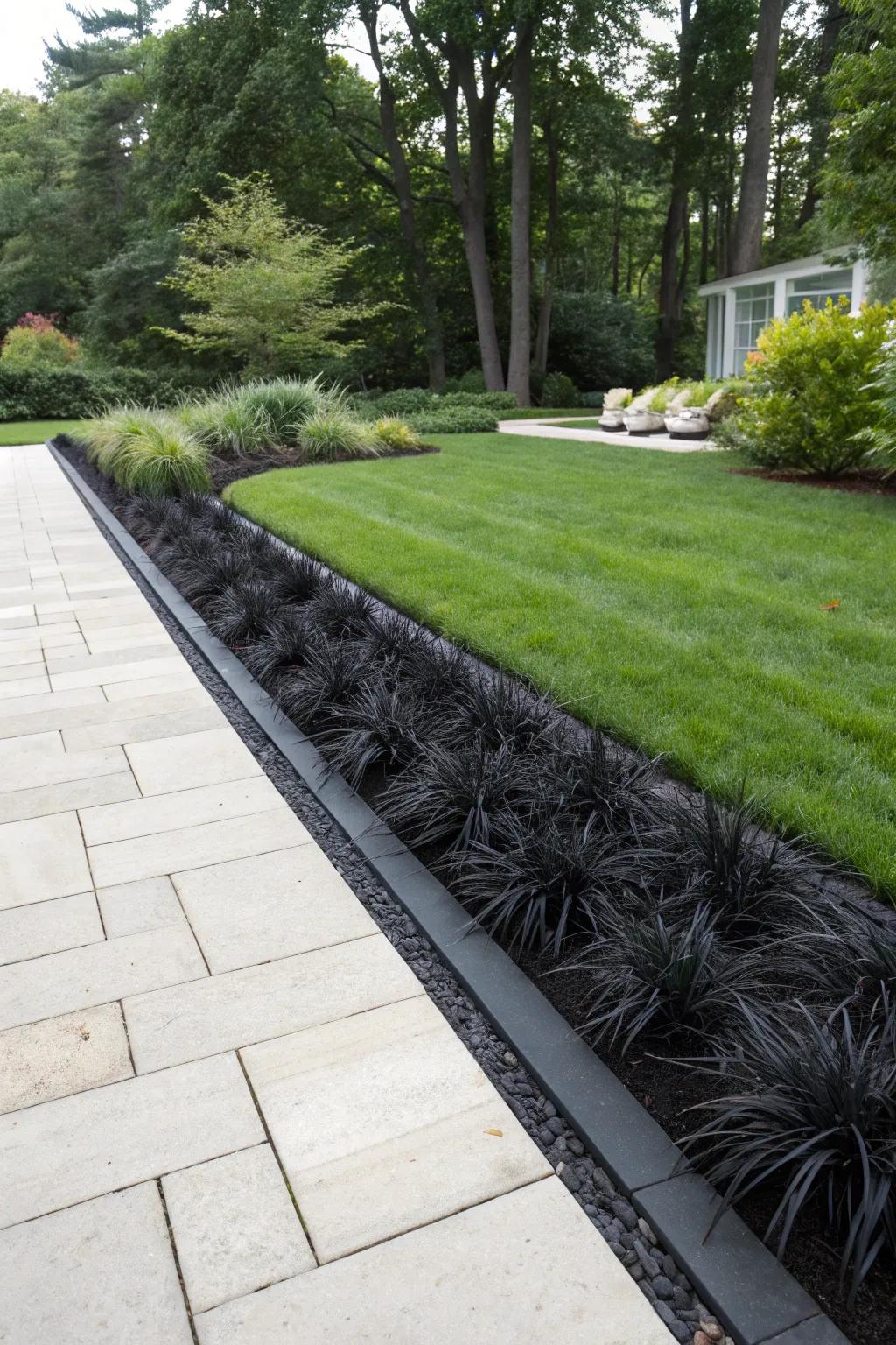 Black mondo grass creates striking contrasts.