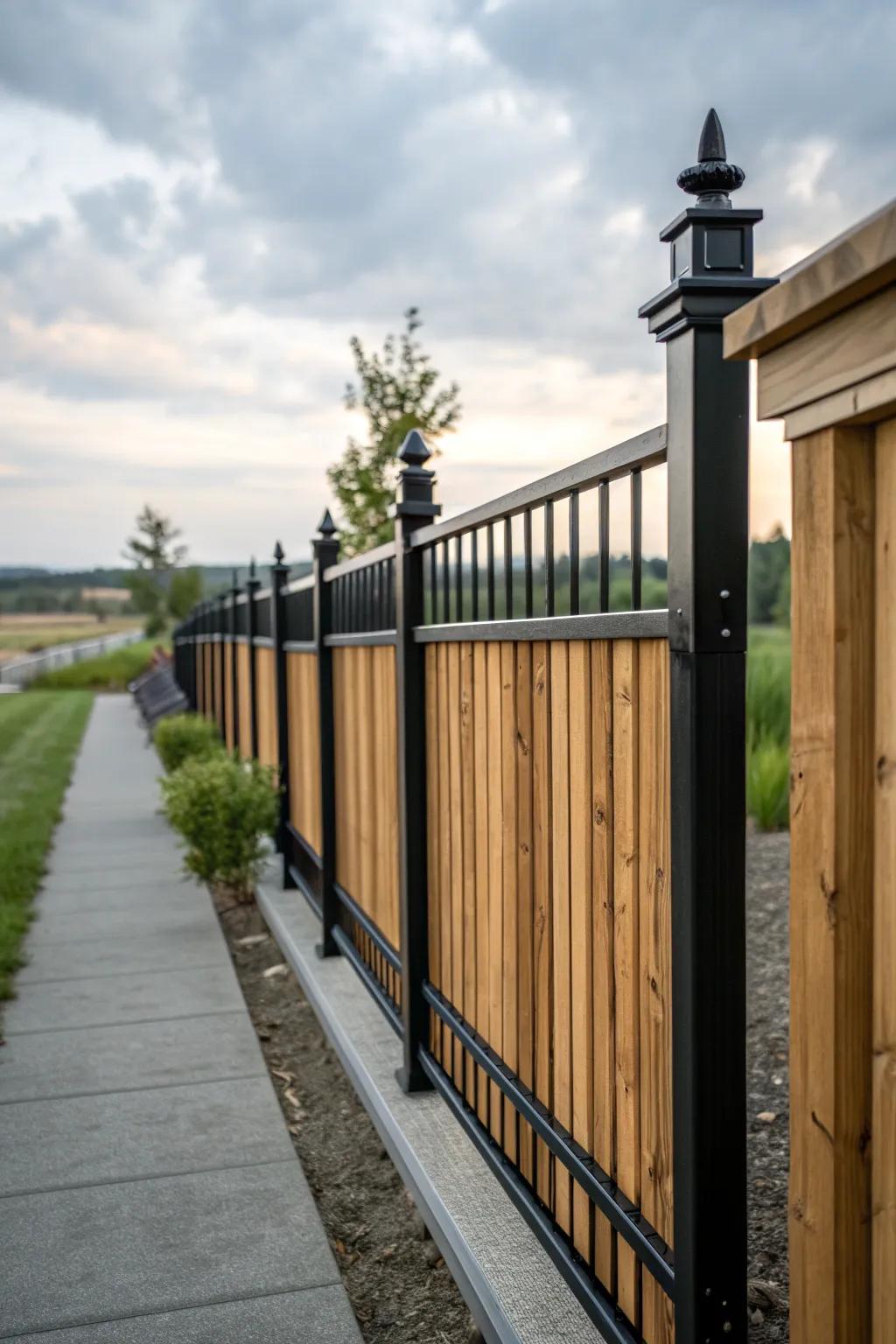 Bold black metal and natural wood fence