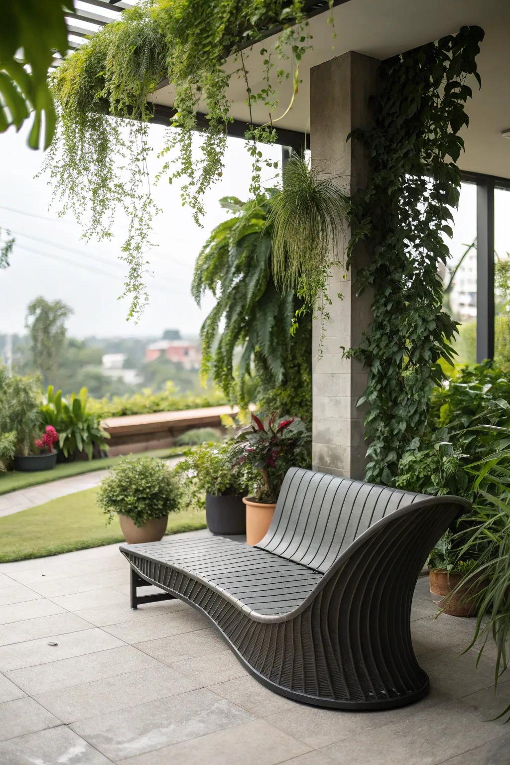 An elegant curved bench that adds a soft touch to the patio.