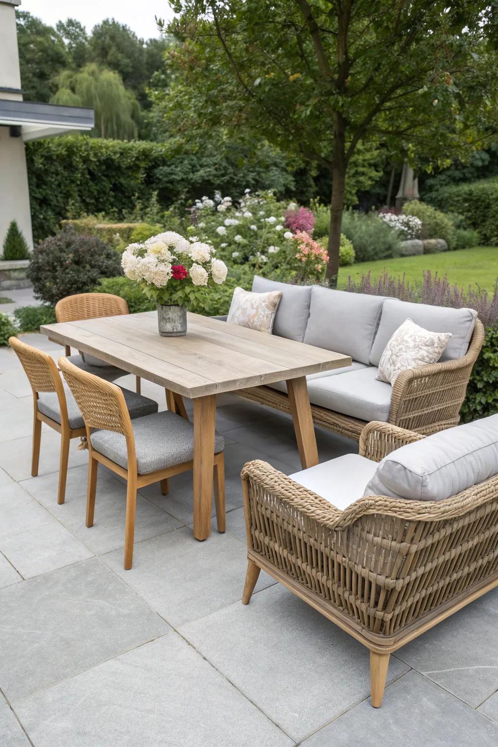 Earthy tones create a calming outdoor retreat.