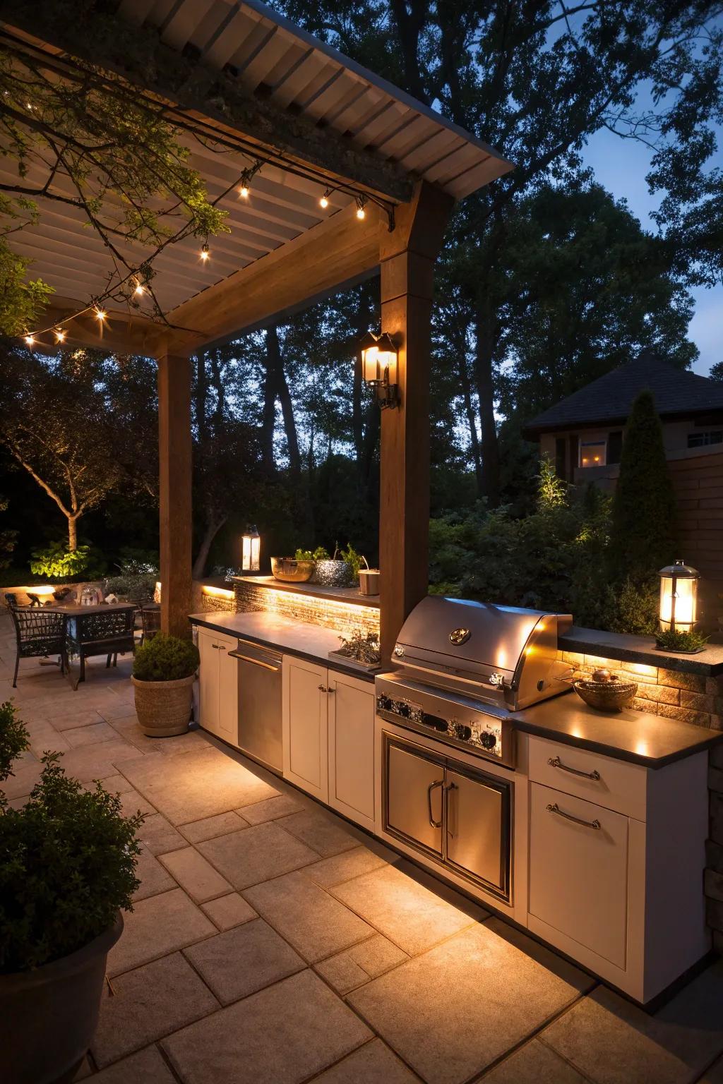 Ambient lighting sets the mood and highlights the beauty of your outdoor kitchen.