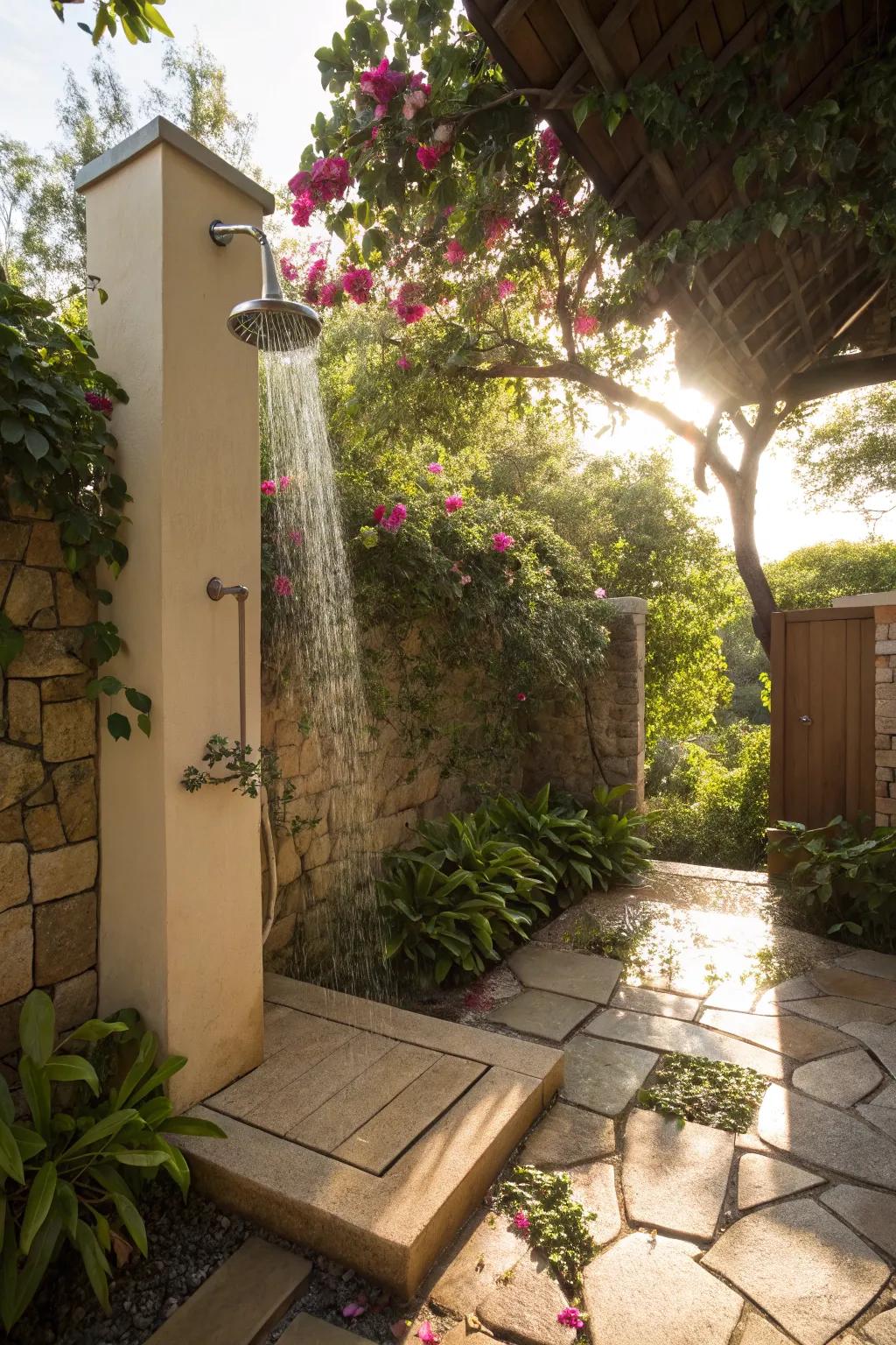 An outdoor shower bathed in natural sunlight.