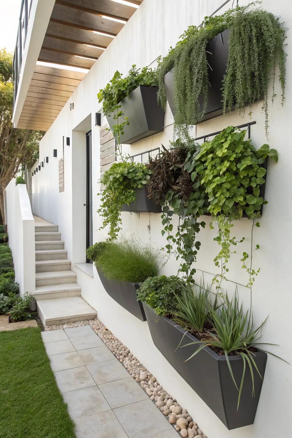 Wall-mounted planters are both functional and artistic.