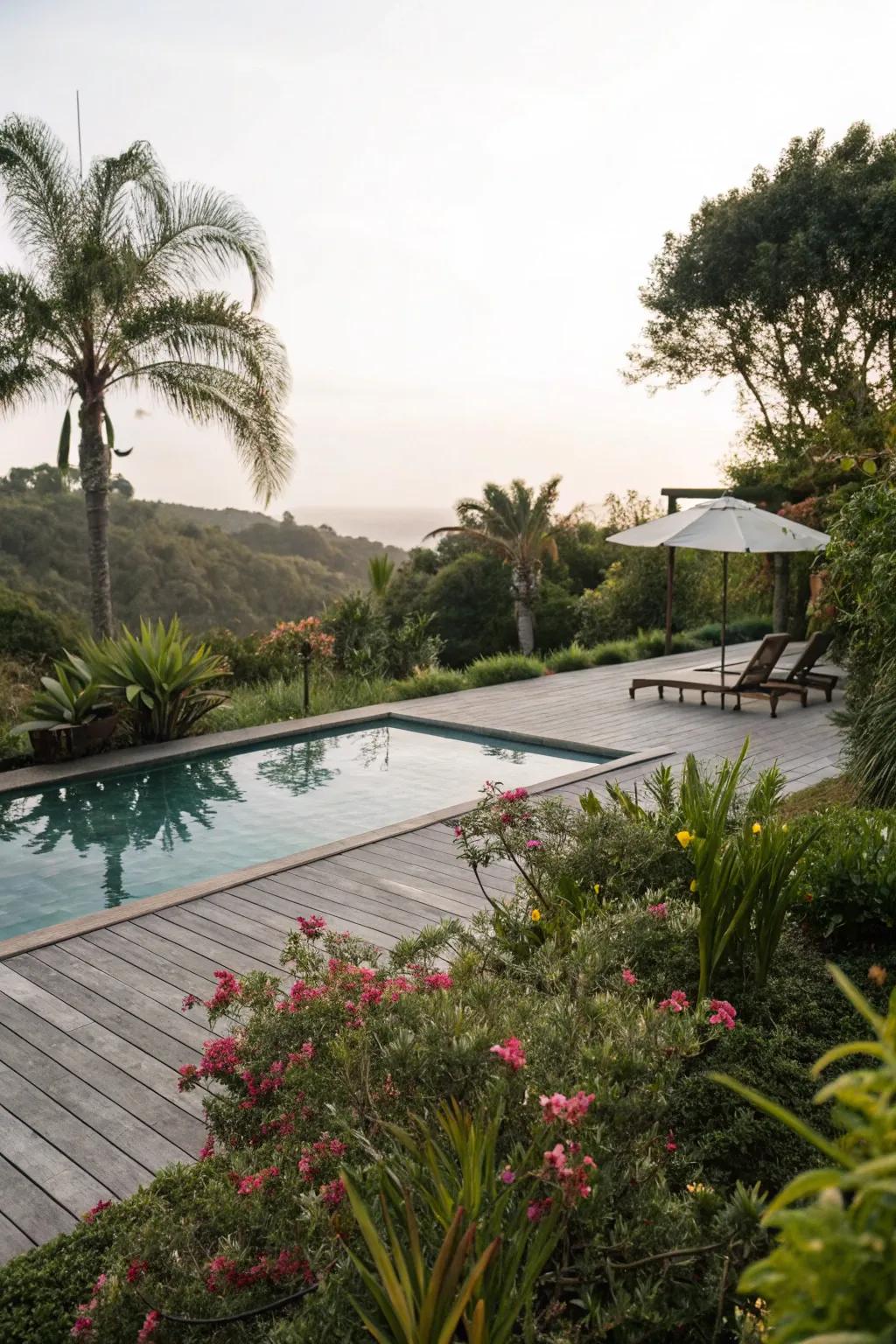 Incorporate greenery for a calming poolside retreat.