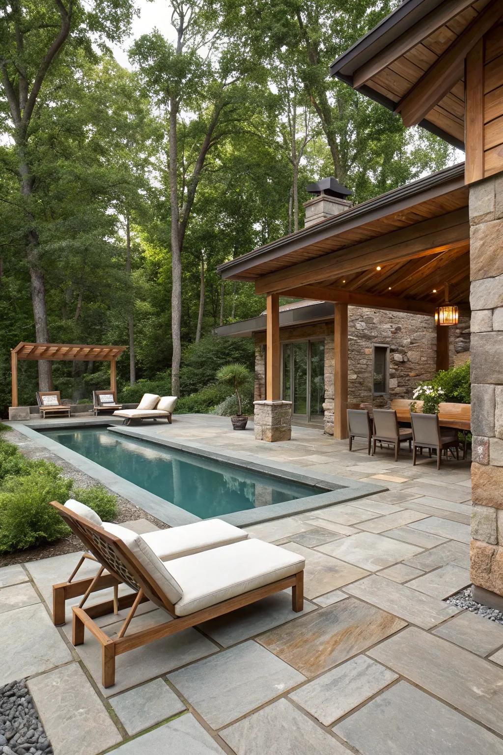 Natural materials like stone and wood on a modern pool patio.