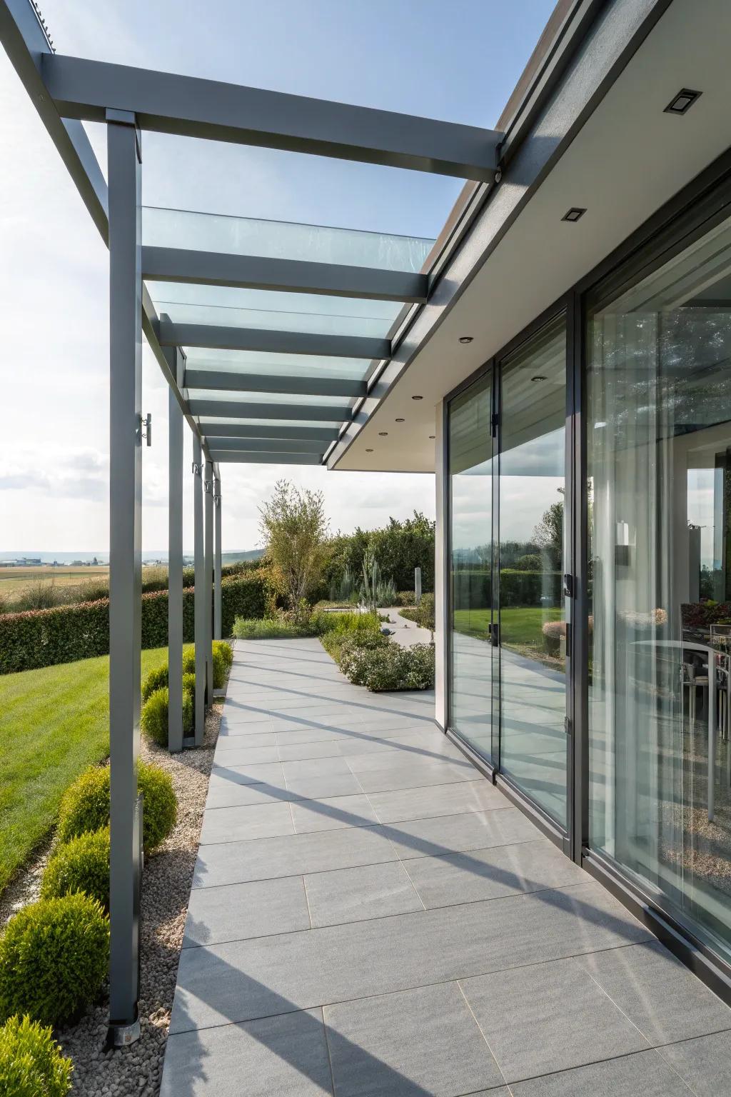 A modern porch featuring glass and steel components.