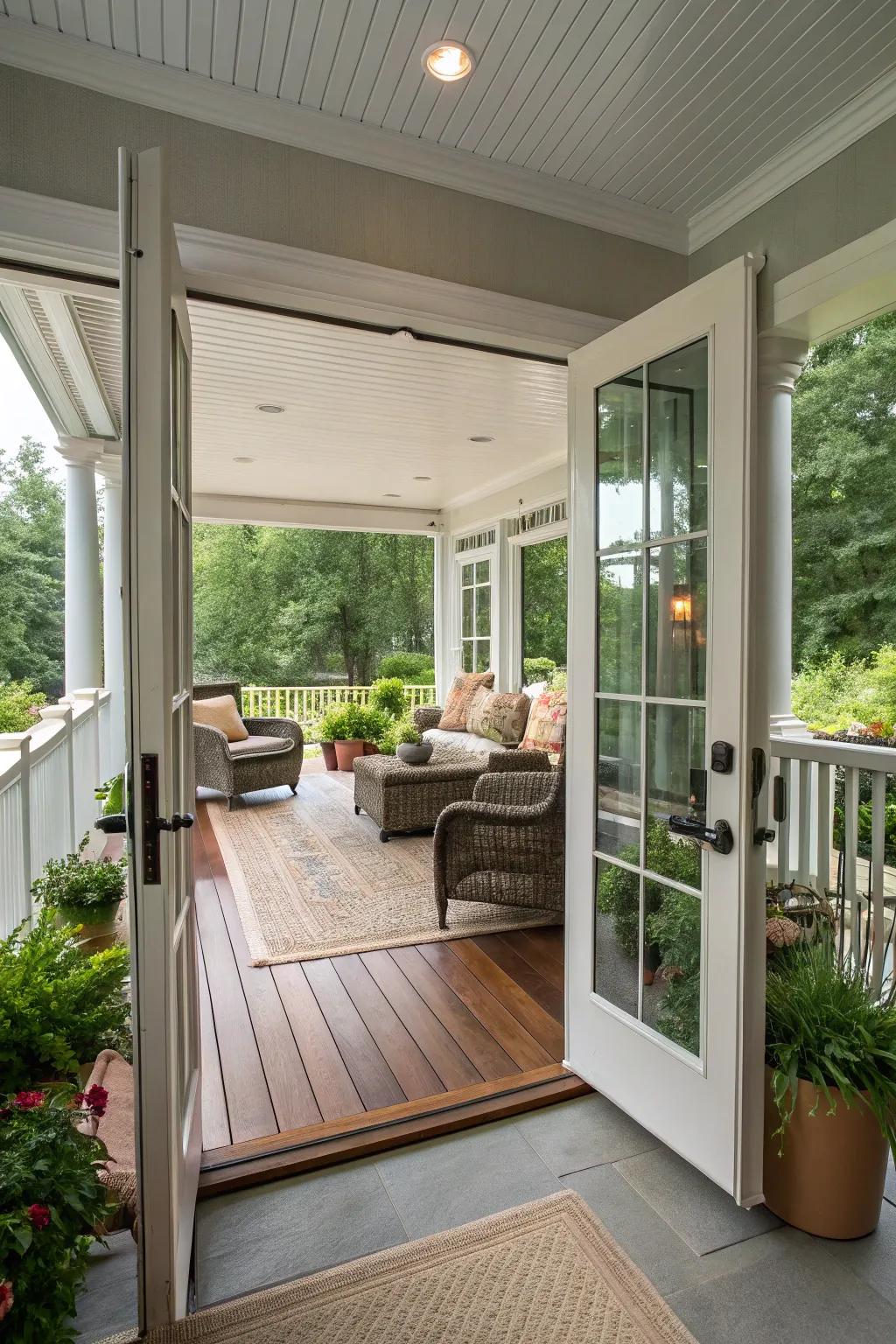 A seamless indoor-outdoor flow with matching flooring extends the living space.
