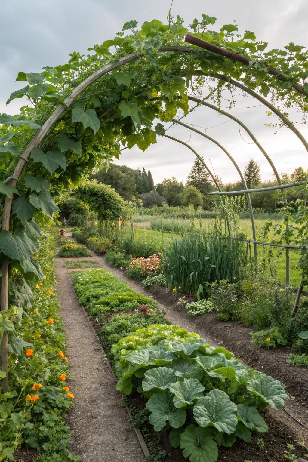 A charming trellis archway adorned with climbing cucumbers.