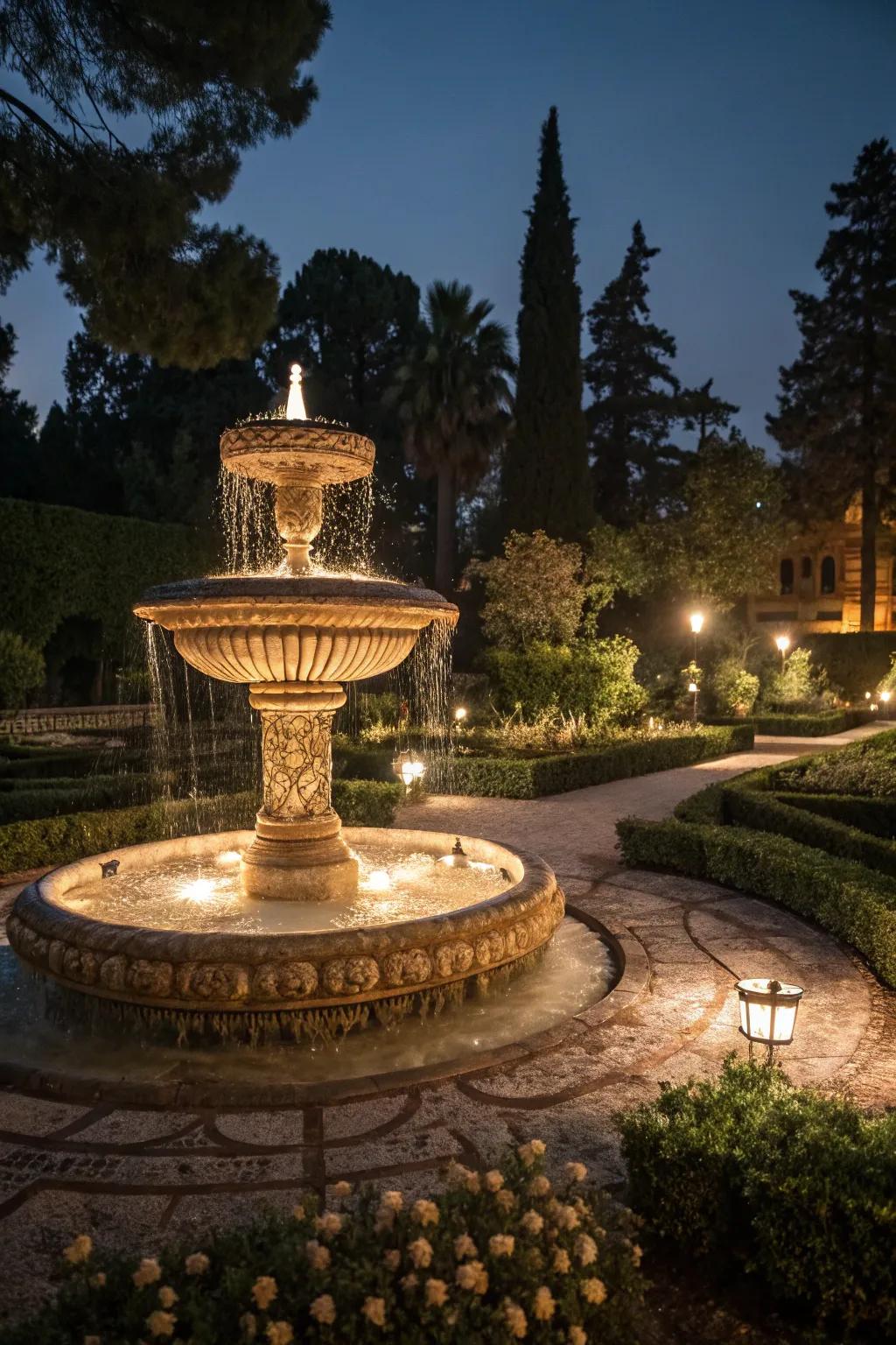 An illuminated fountain creates a magical ambiance at night.