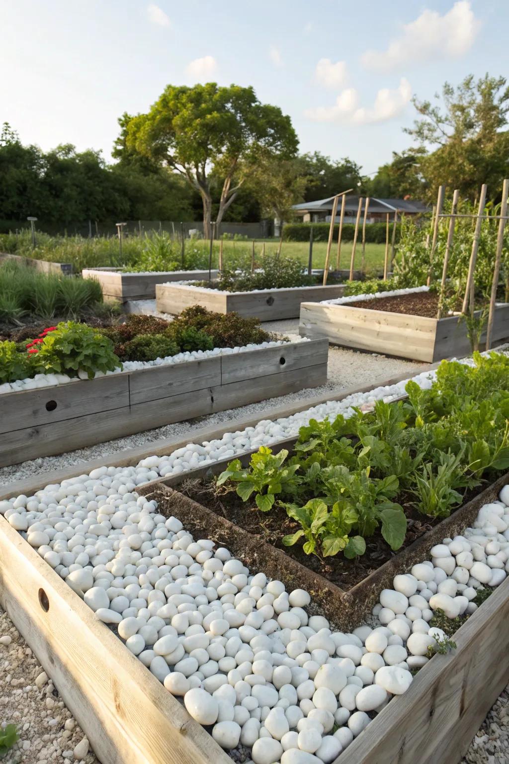 White pebbles frame raised beds beautifully.