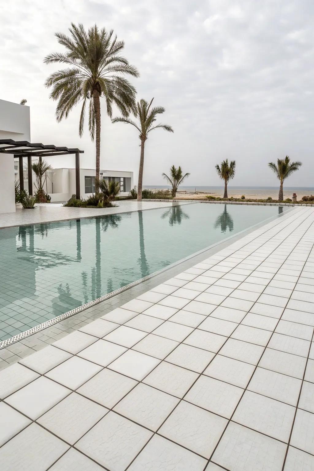 Expansive pool design utilizing large format white tiles.