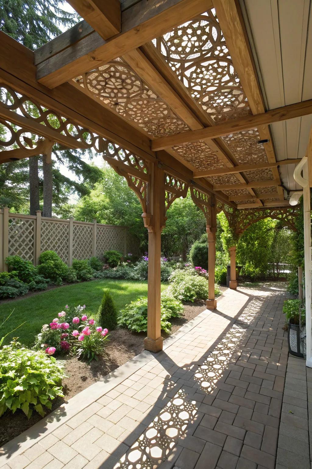 Decorative cutouts in the awning create a captivating play of light and shadow.