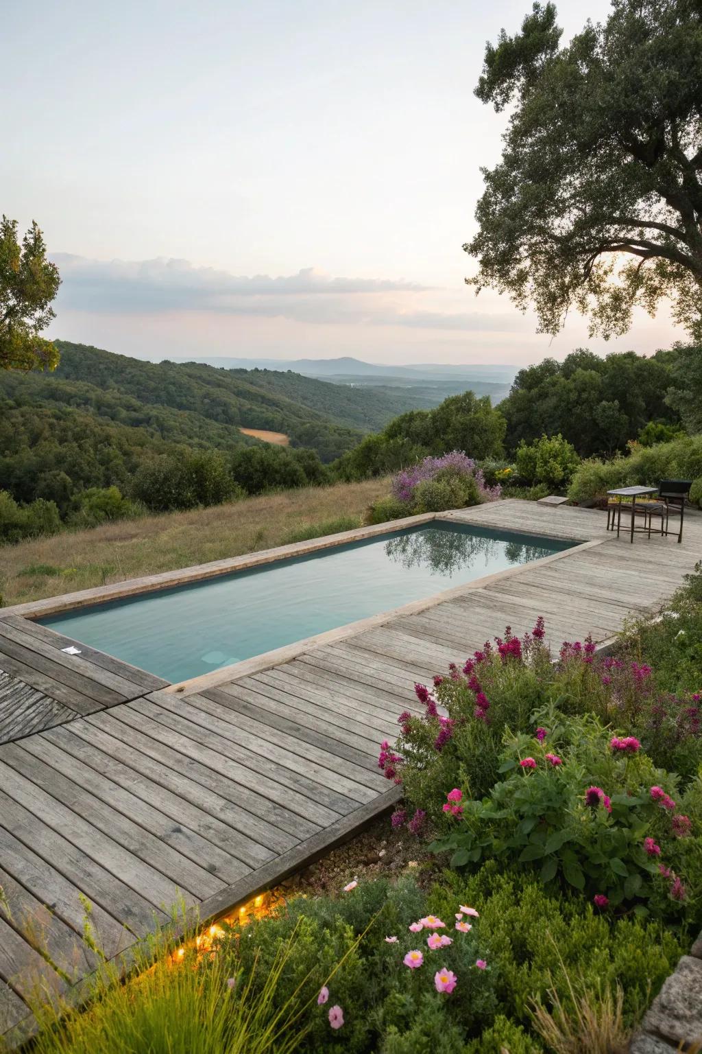 A wood pool deck that embraces and integrates with nature.