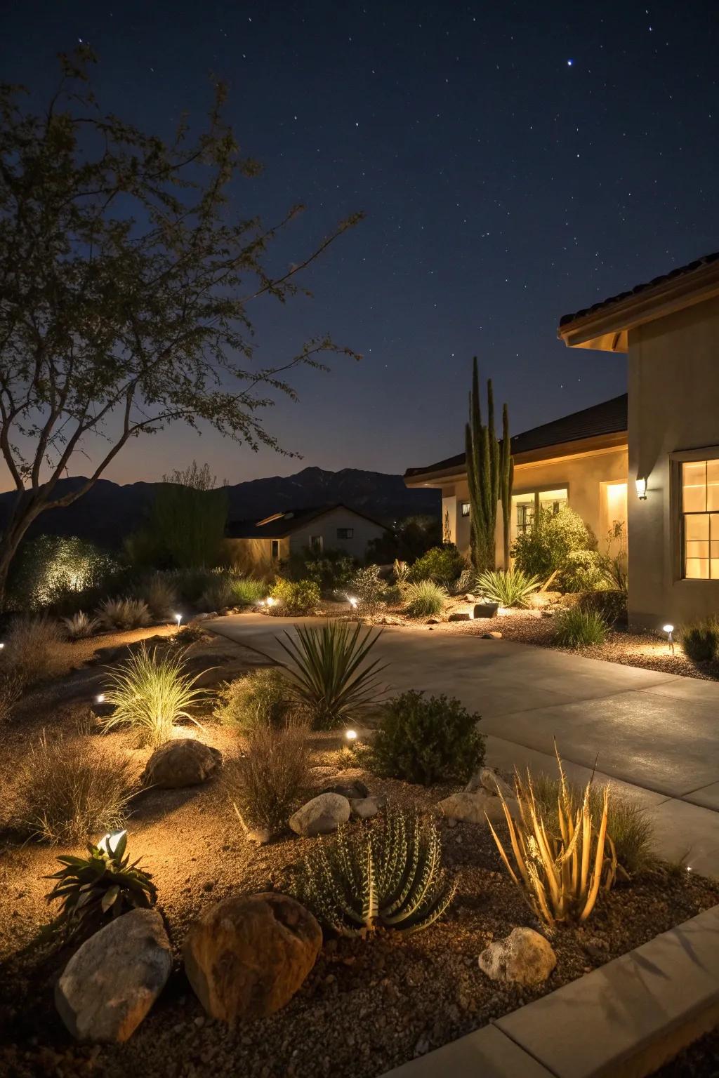 A xeriscape front yard illuminated by subtle accent lighting at night.
