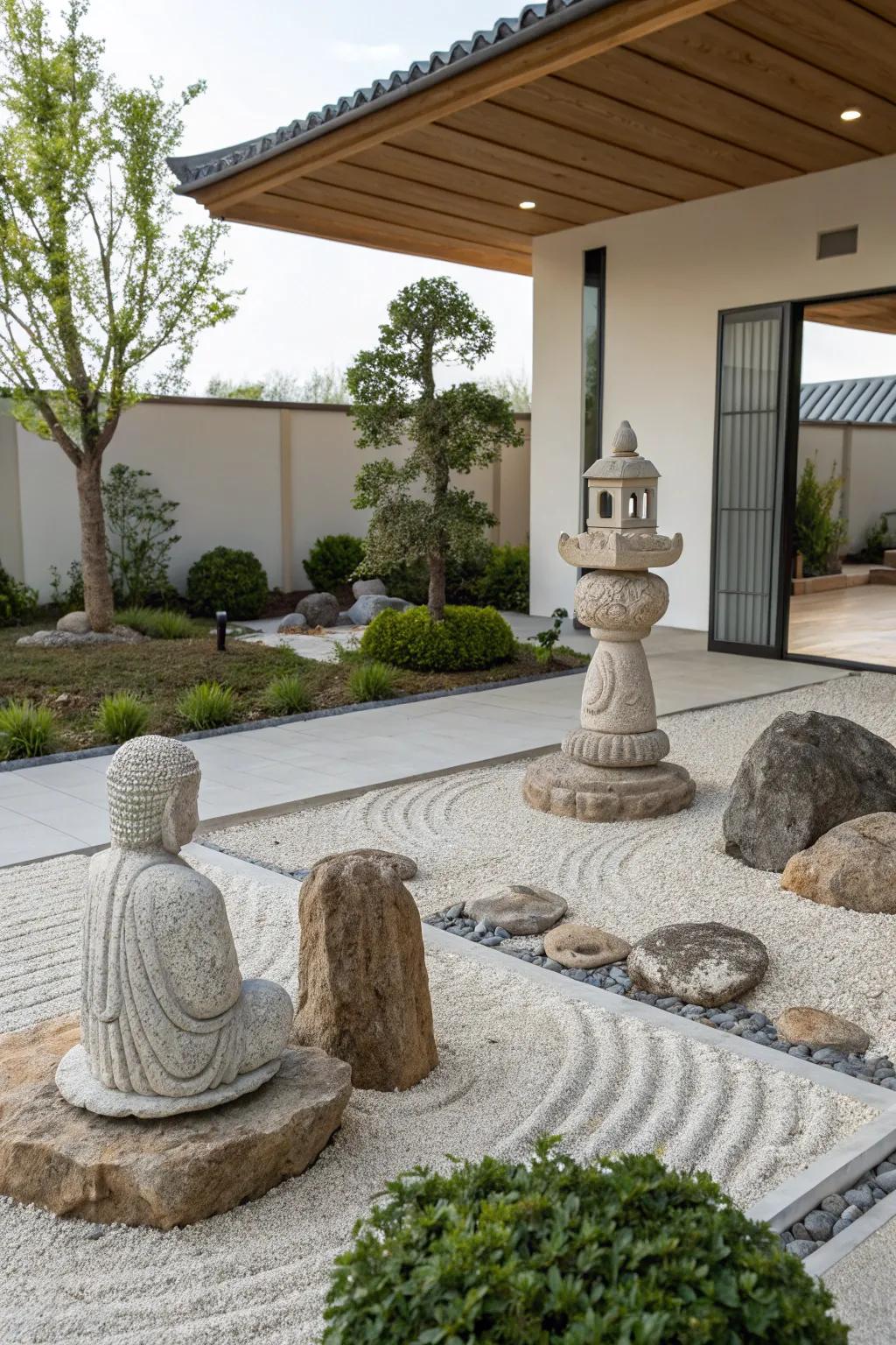 Stone sculptures add artistic flair to a Zen garden.