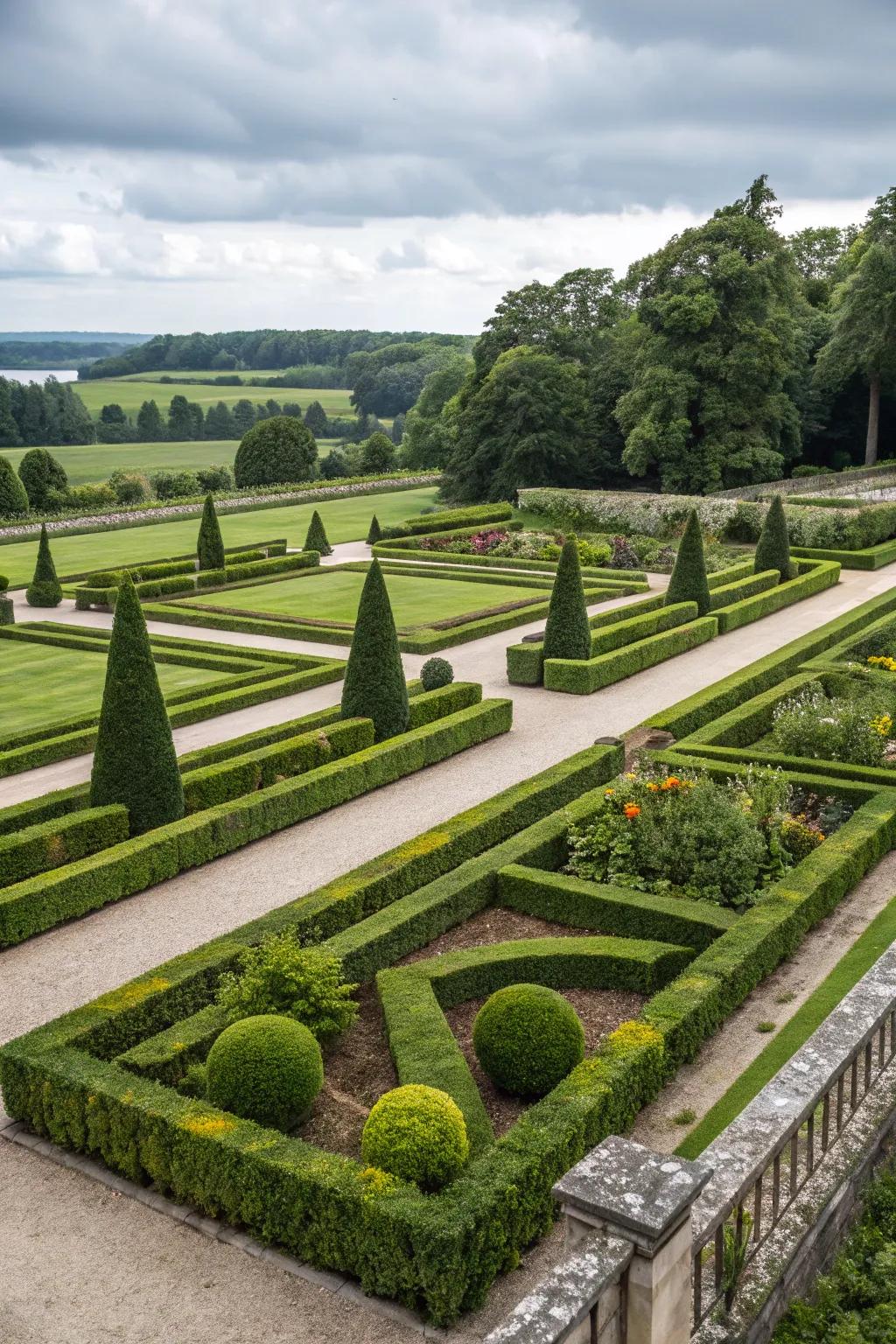 A modern garden with structured geometry in shades of green.
