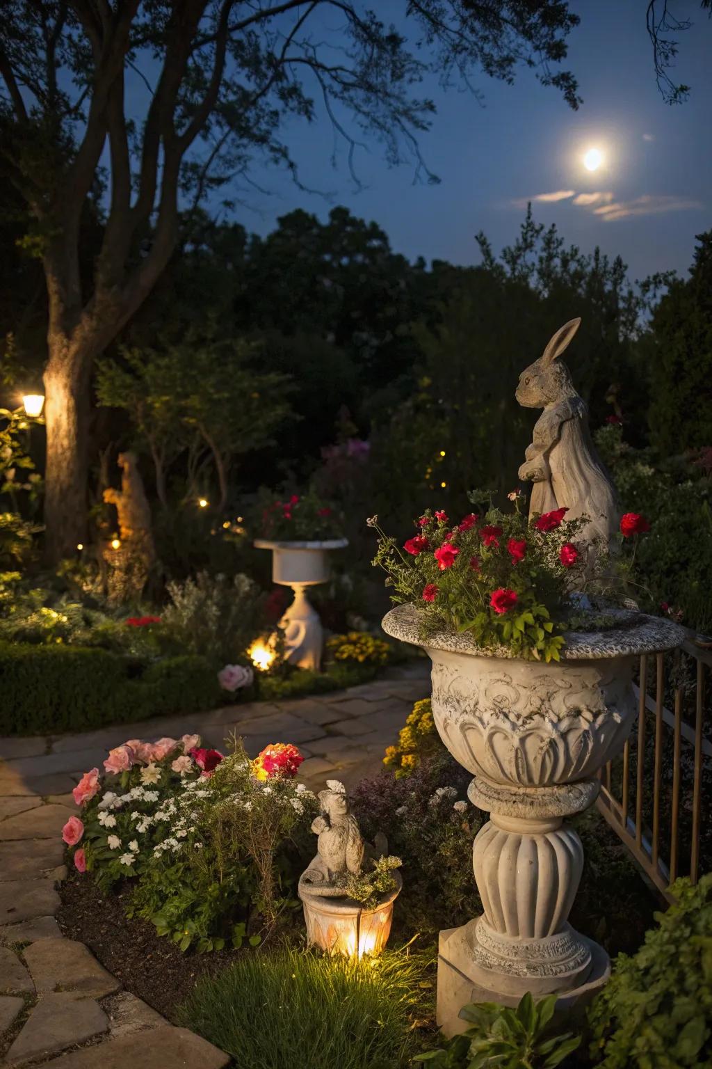 Whimsical sculptures adding charm under the moon's glow.