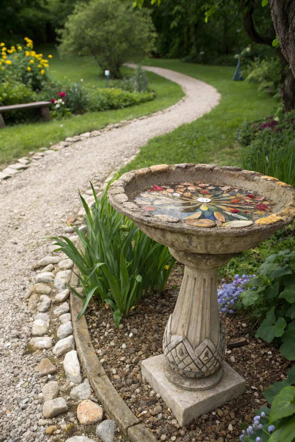 A rustic mosaic bird bath, harmonizing with natural garden elements.