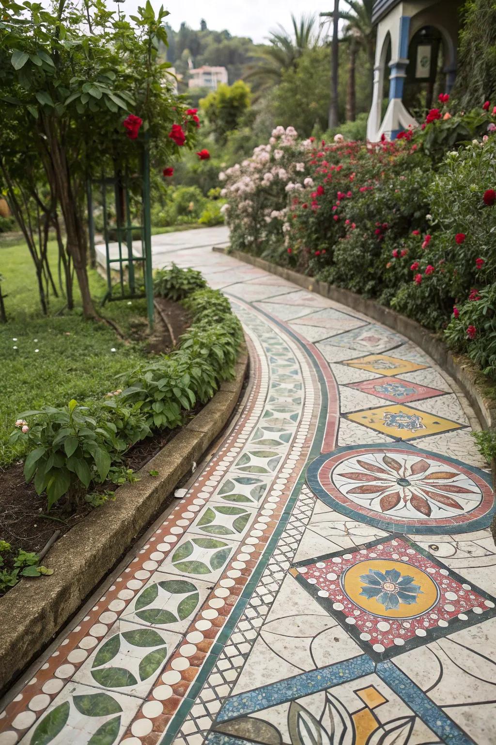 A mosaic pathway featuring a playful mix of patterns and colors, reflecting personal style.