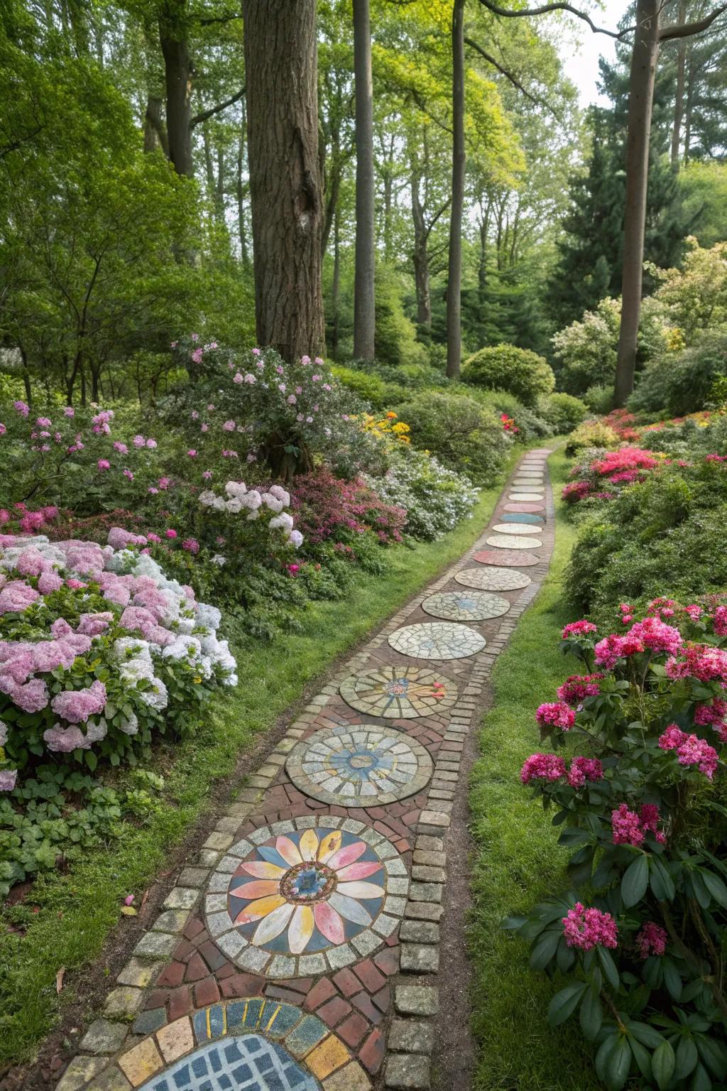Mosaic stepping stones create a functional and beautiful garden path