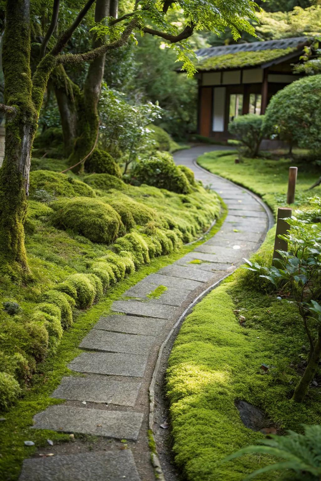 A garden pathway neatly bordered by lush green moss, creating a harmonious flow.
