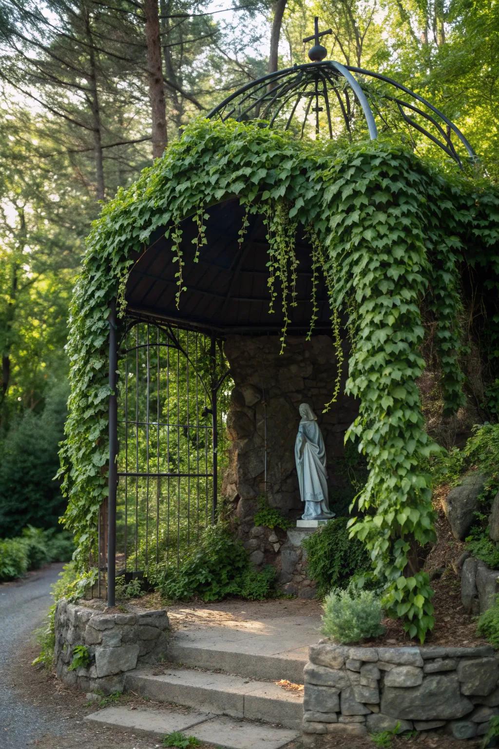 A trellis with vines offers a lush backdrop.