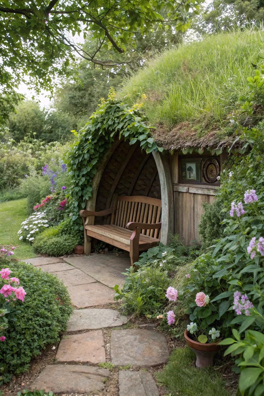 A secret seating nook invites relaxation among the mounds.