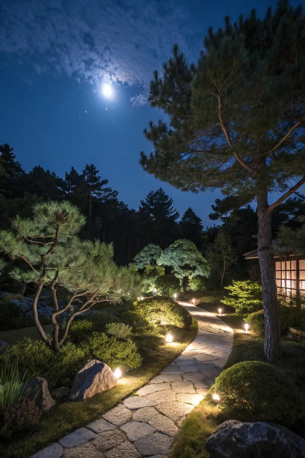 Enhance your garden's night appeal with lighting around mugo pines.
