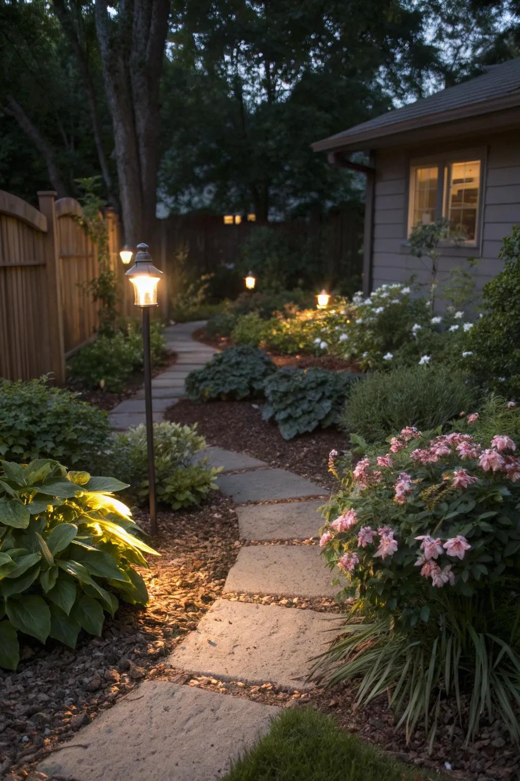 Soft lighting highlights the beauty of a mulched backyard at night.