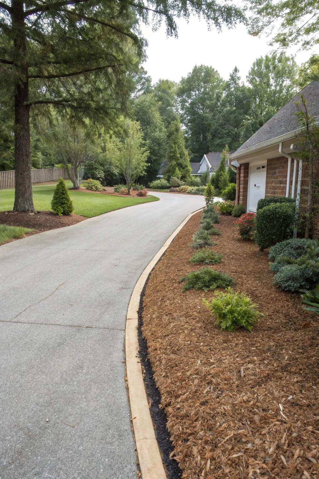Mulch used to define and beautify driveway spaces.