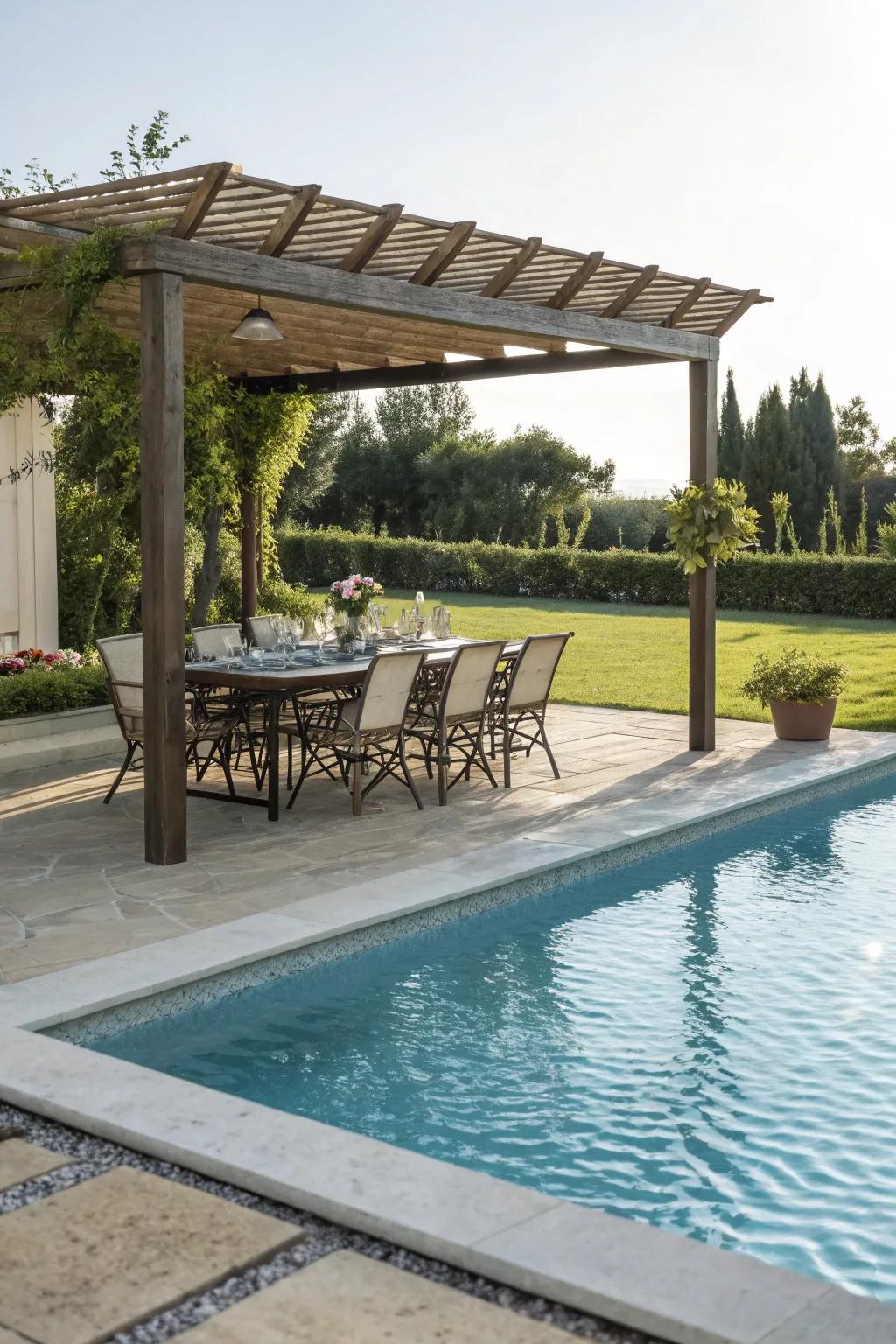 A pergola offers shade and style next to your pool.