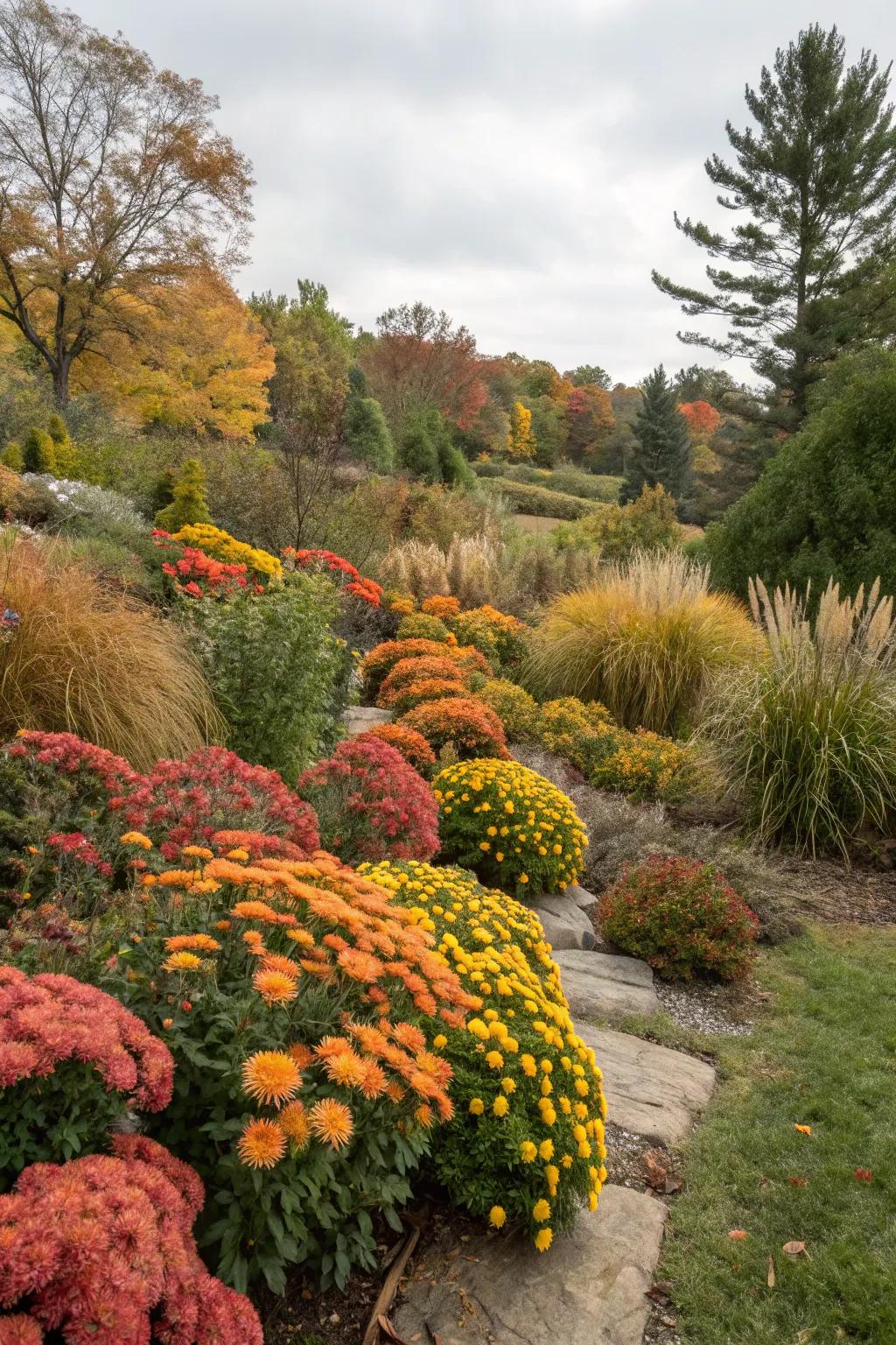 Mums in a natural garden setting.