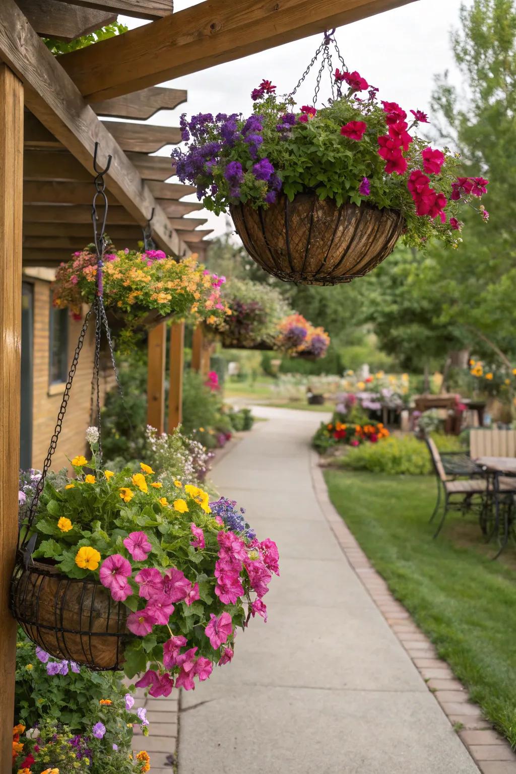 Hanging baskets add vibrant colors and life.