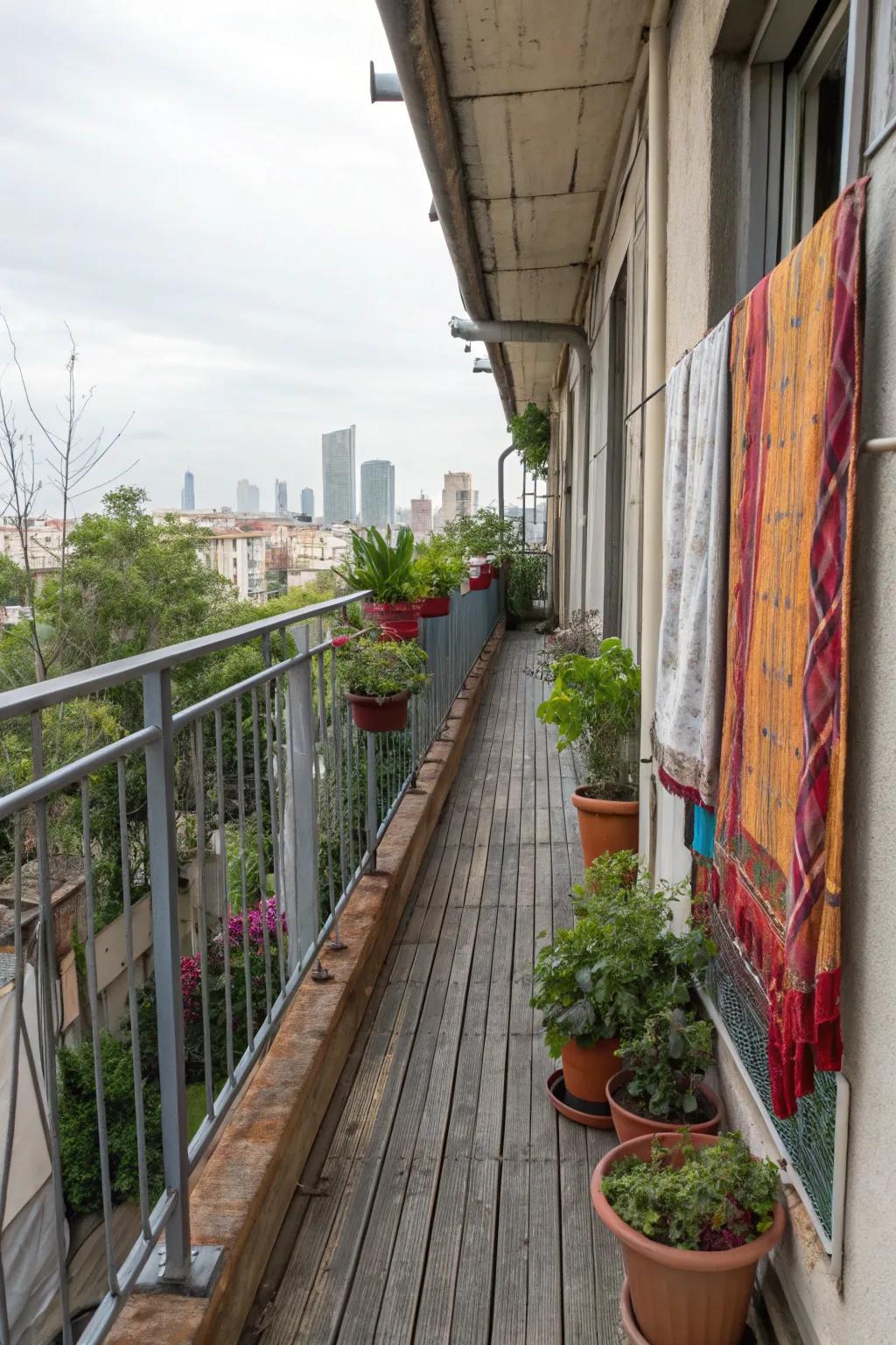 Layered textures add visual interest to narrow balconies.