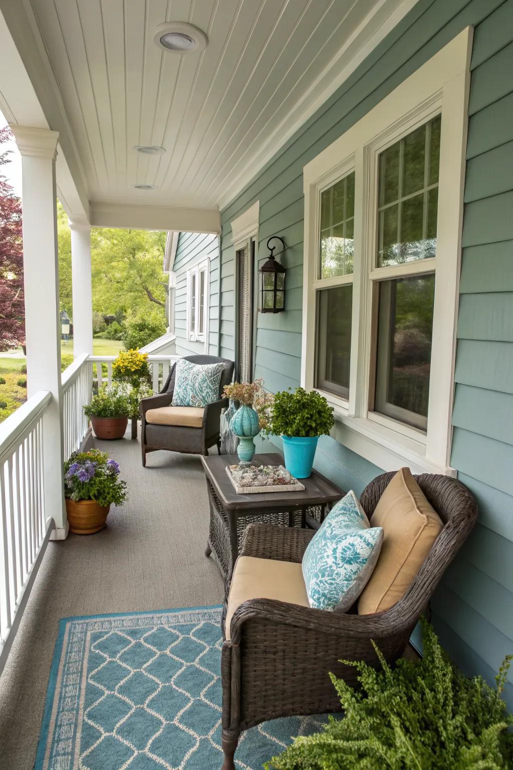 Color coordination brings a cohesive look to a narrow porch.