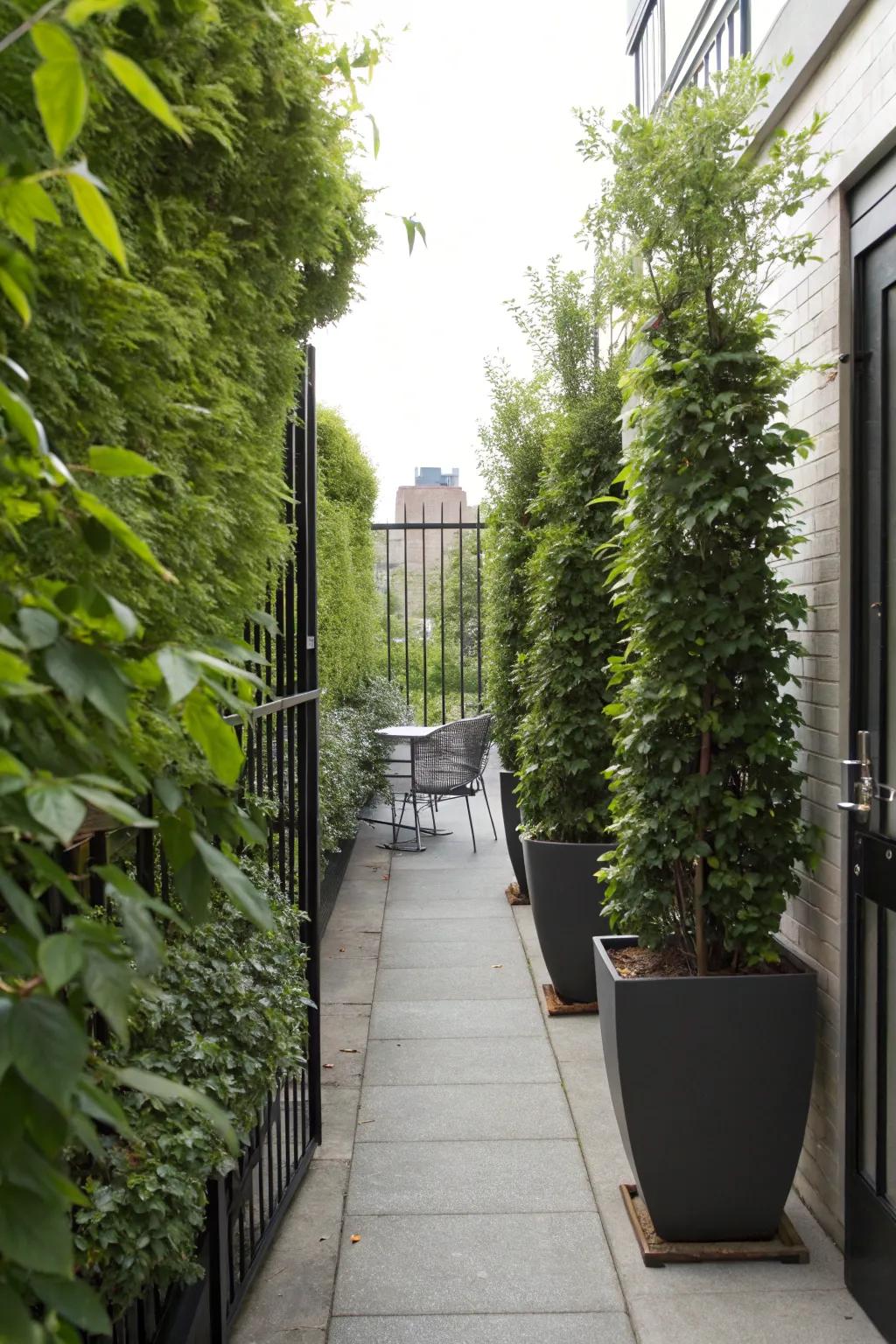 Tall planters providing privacy on a narrow patio.