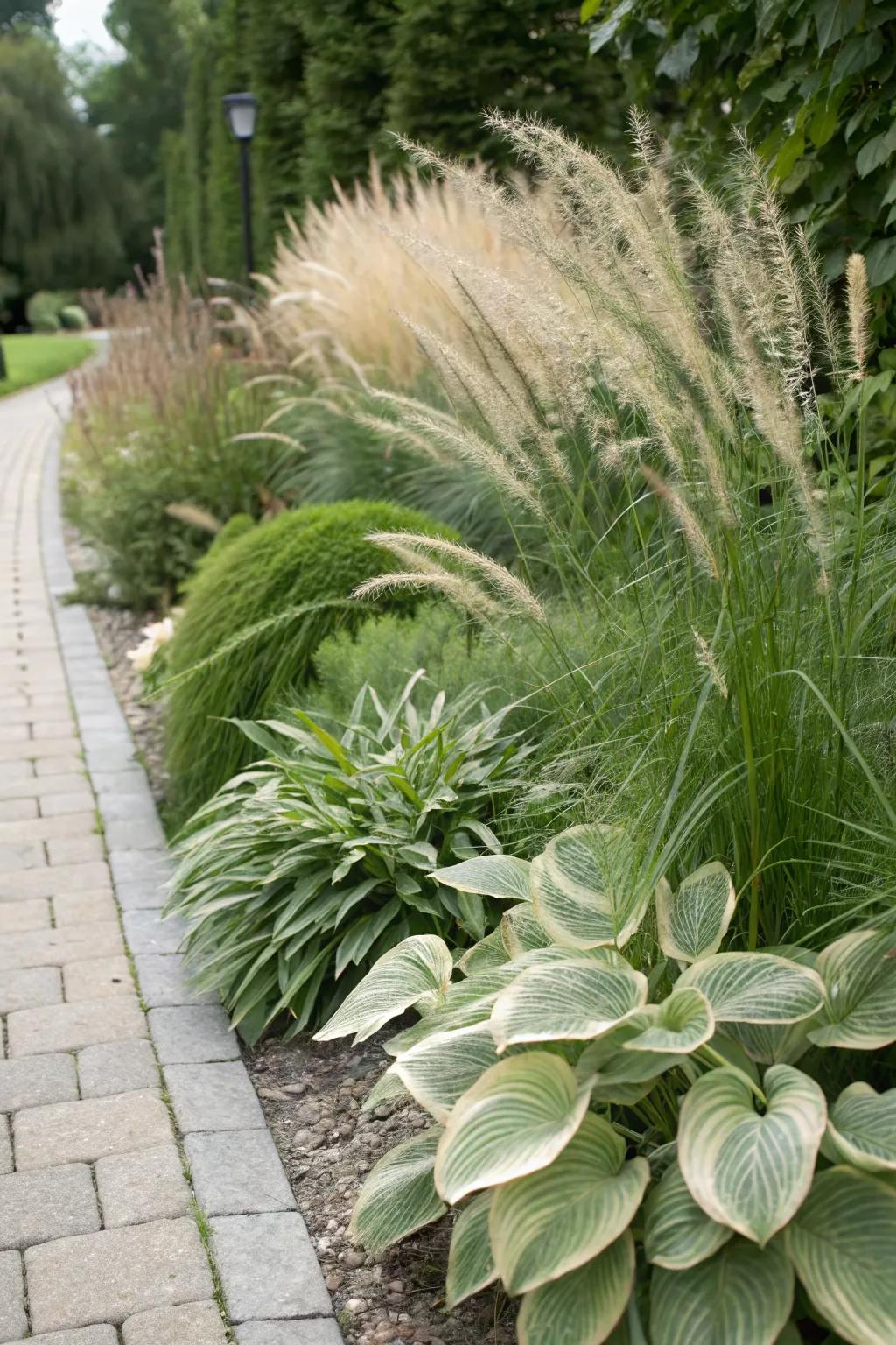 A delightful mix of textures is achieved by combining grasses and hostas.