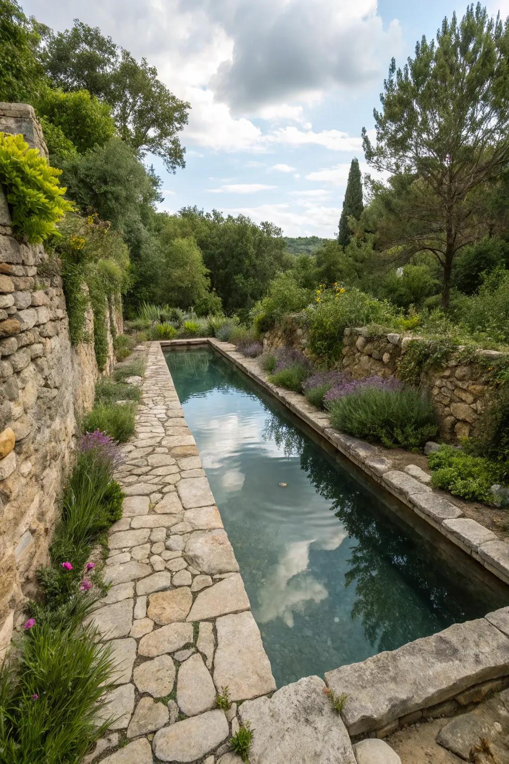 A narrow pool surrounded by charming natural stone elements.