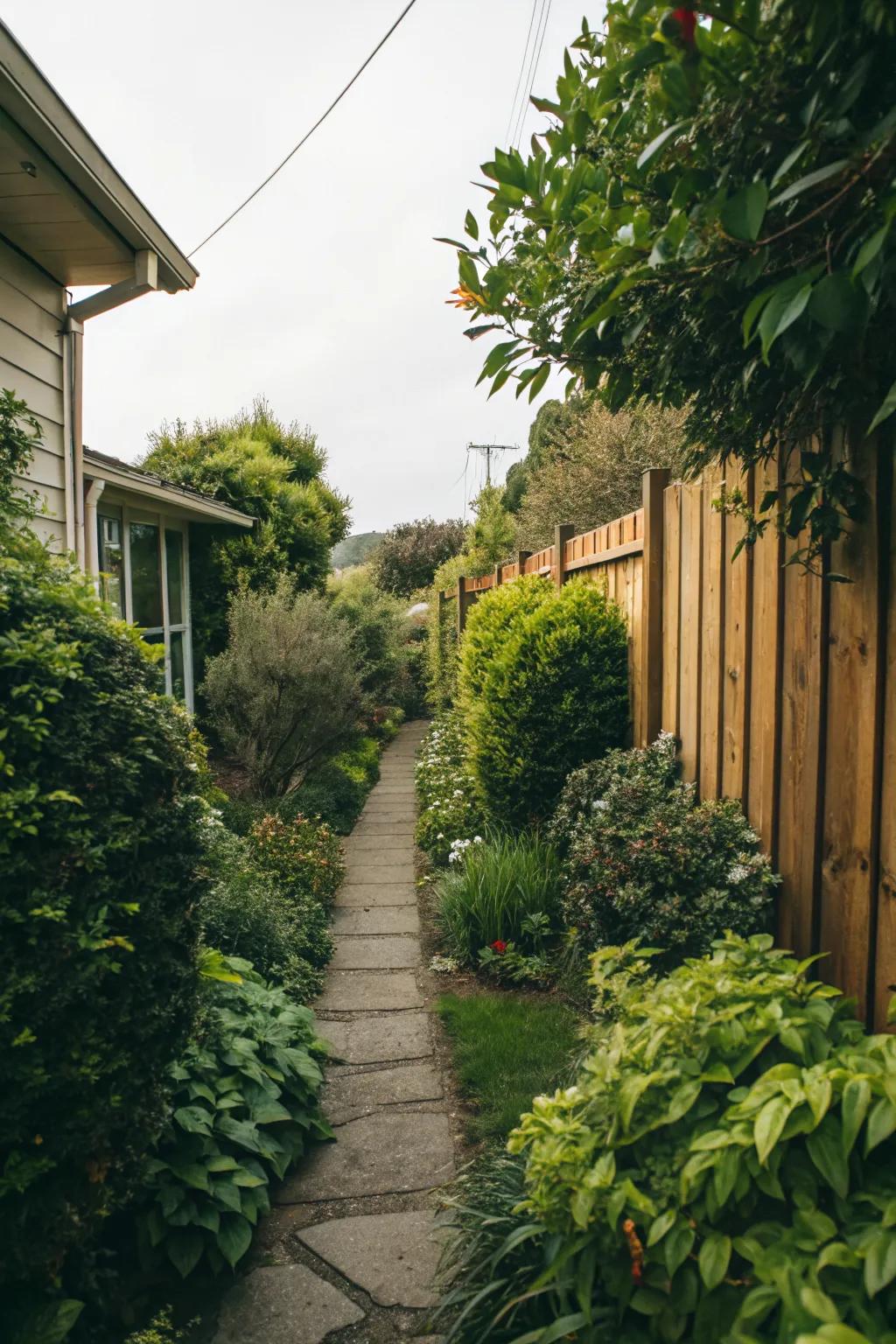 Lush greenery can create a garden-like atmosphere in narrow spaces.