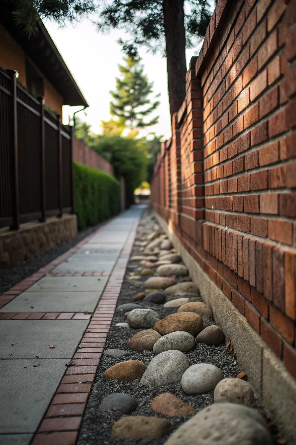 A narrow walkway with contrasting brick borders defining its edges.