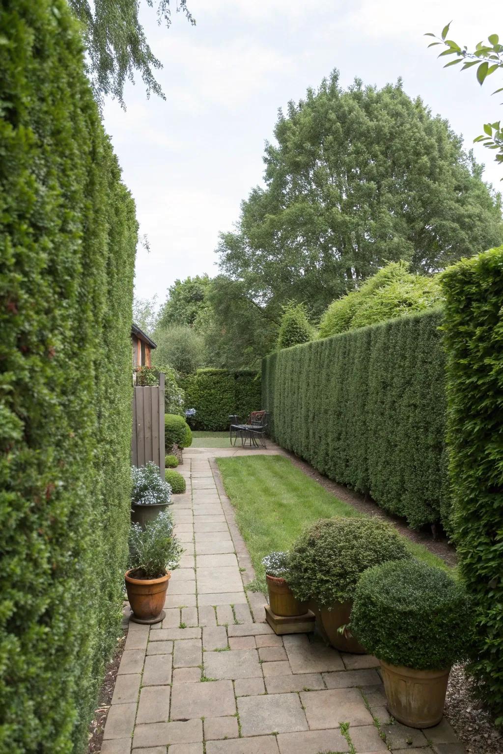 Tall hedges creating a secluded and private backyard nook.