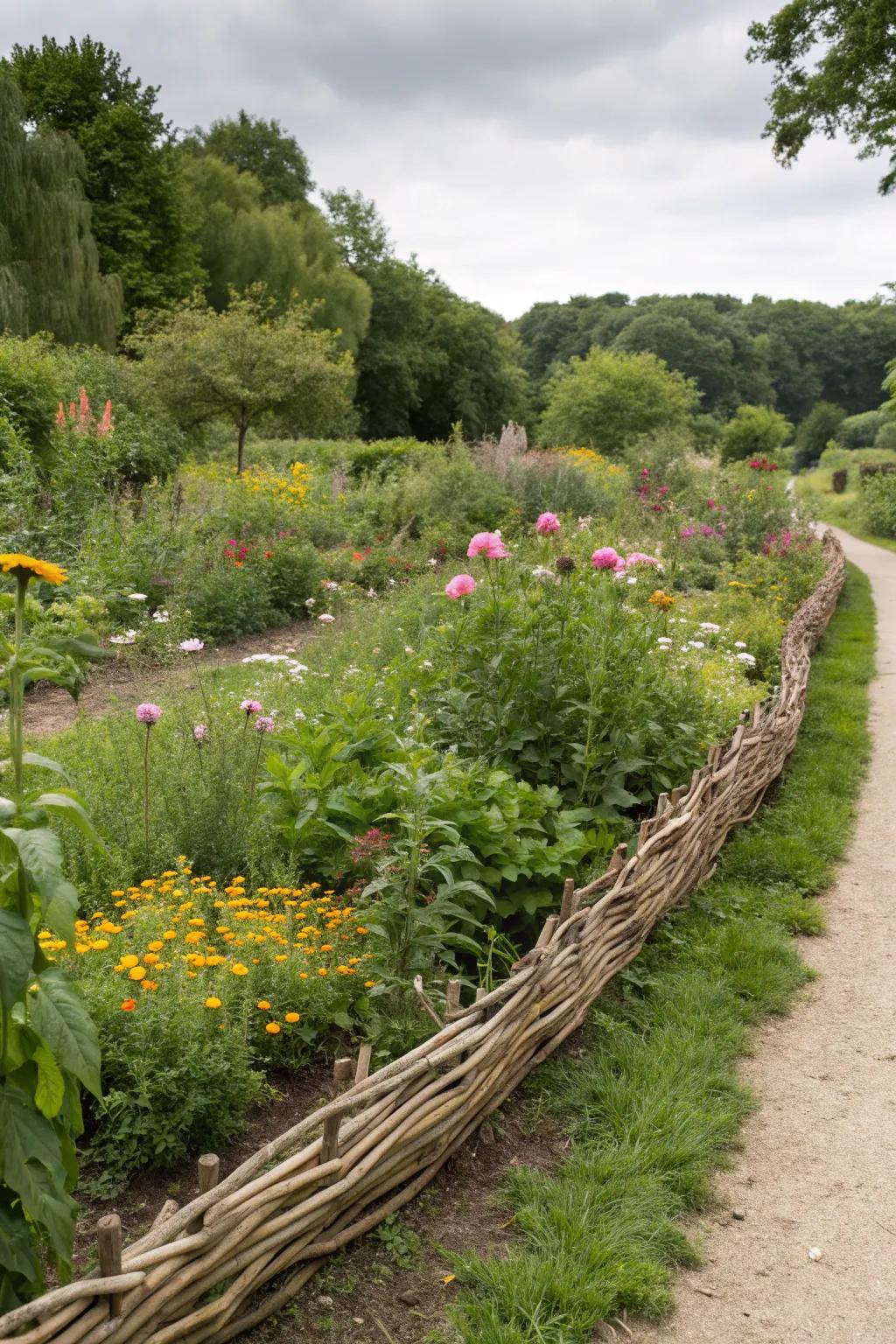 Creative woven branch edging adding a whimsical touch to the garden.