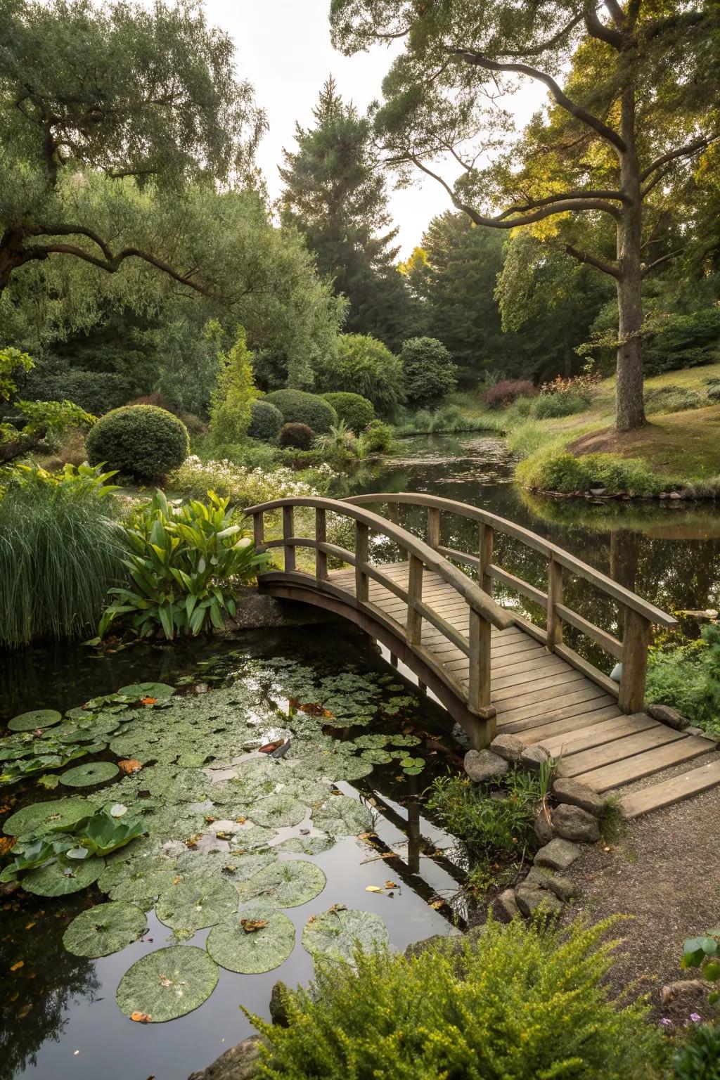 A charming wooden bridge over a garden pond.