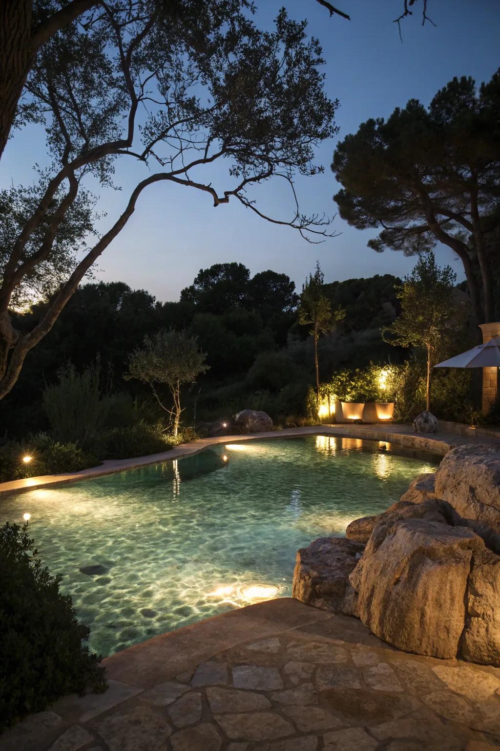 Subtle lighting transforms the pool into a magical nighttime retreat.