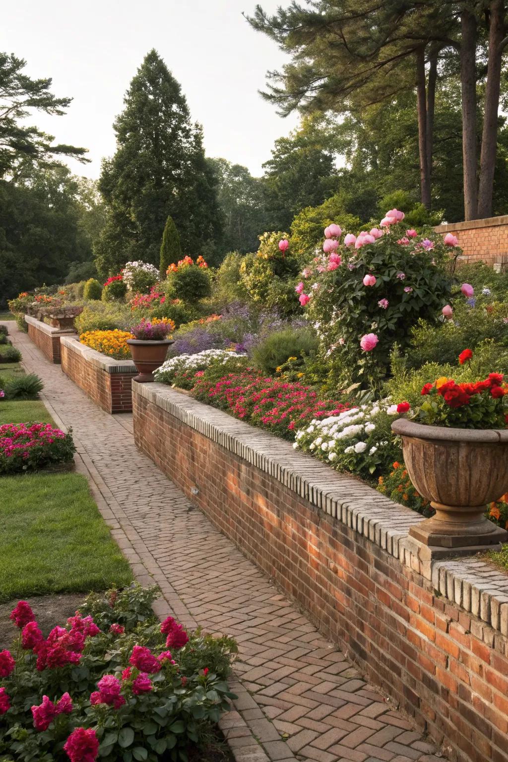 A tidy garden featuring a traditional brick retaining wall.